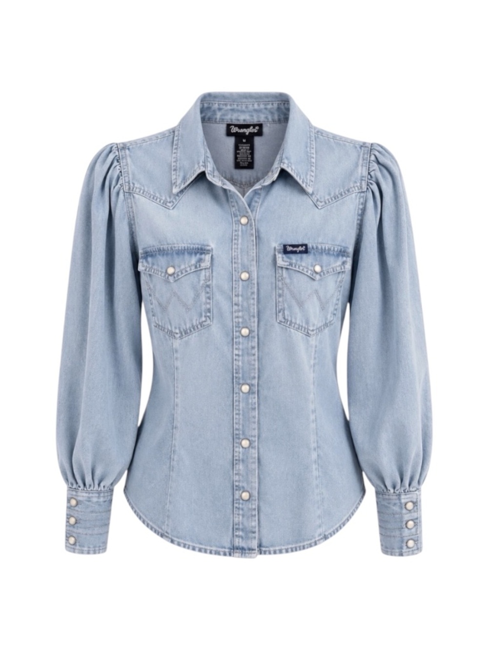 Wrangler Retro Western Pearl Snap Puff Sleeve Blouse Light Wash Blue M